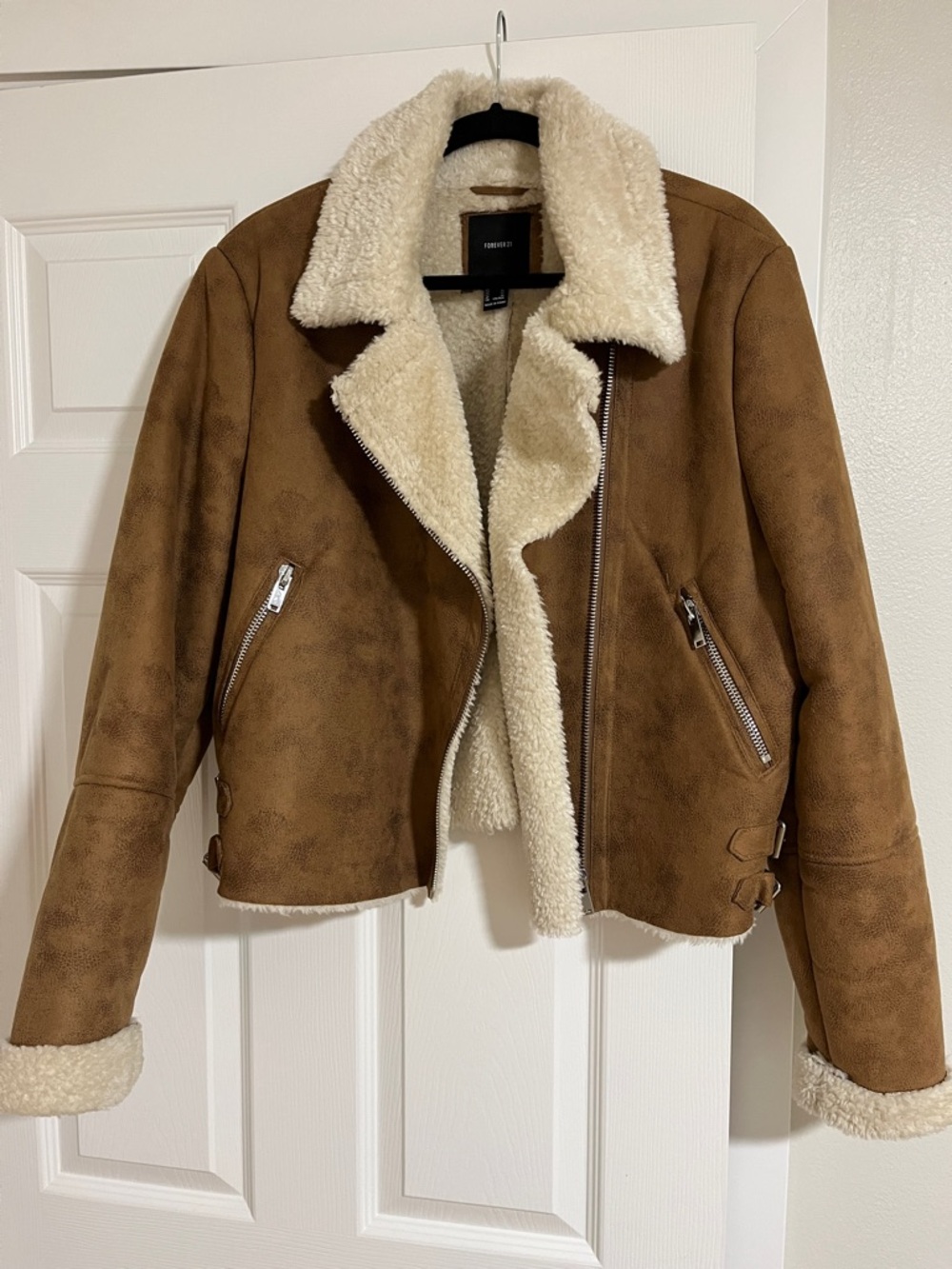 Faux Suede Sherpa-Lined Moto Jacket - Brown Forever 21 size XL
